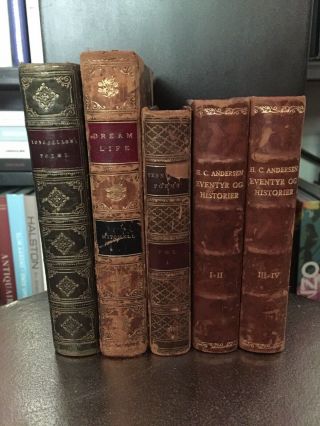 5 Small Antique Leather Bound Books English And Swedish 1800s