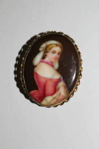Antique Handpainted Lady In Red Portrait Brooch