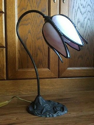 Vintage Art Nouveau Style Swan Neck Table Lamp With Tiffany Shade