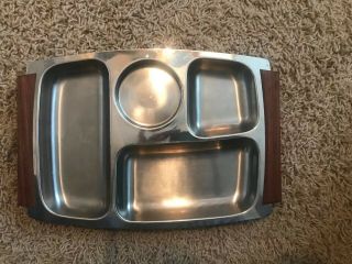 Vintage Stainless Mid Century Danish Modern Wood Handles Divided Dish Tray