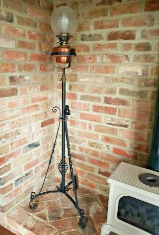 Antique Brass Oil Lamp With Etched Glass Shade And Chimney 170cm Tall