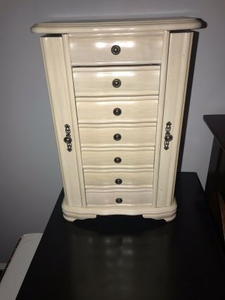 Antique Style White Wash Dresser Top 6 Drawer 2 Cabinet Jewelry Box Euc