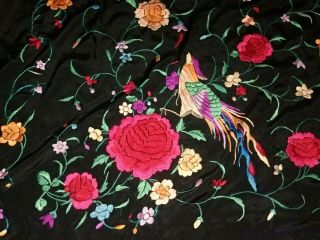 Chinese Silk Black Piano Shawl Large Embroidered Bird Fringed Scarf 51 " X 51 "
