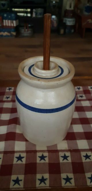 Antique Small Blue And White Crock Butter Churn