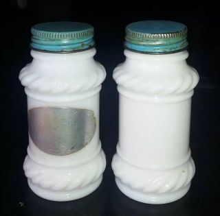 Antique White Salt & Pepper Shakers Teal Blue Screw On Top Mid Century Vintage