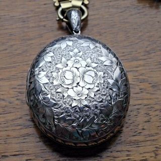 Stunning Large Antique Victorian Silver Pendant Locket On Gilt Metal Chain