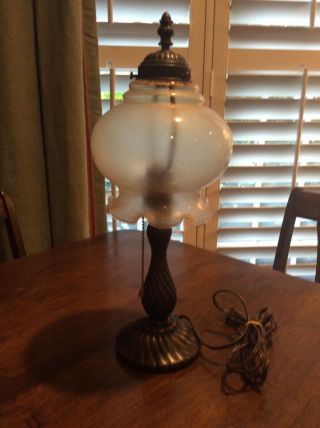Victorian Style Small Antiqued Brass Table Lamp With Glass Fluted Shade