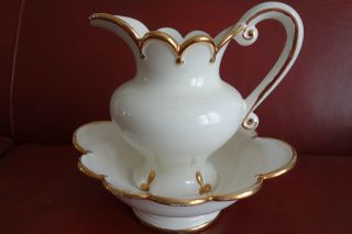 Vintage Antique Ceramic Pitcher Bowl Set White Gold Color Trim Scalloped Edge