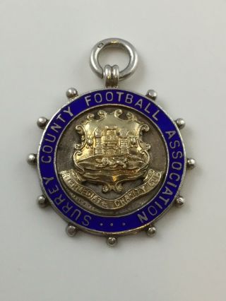 Hallmarked Silver Gold Enamel Fob Medal Surrey County Fa Football.  Birm,  1922.