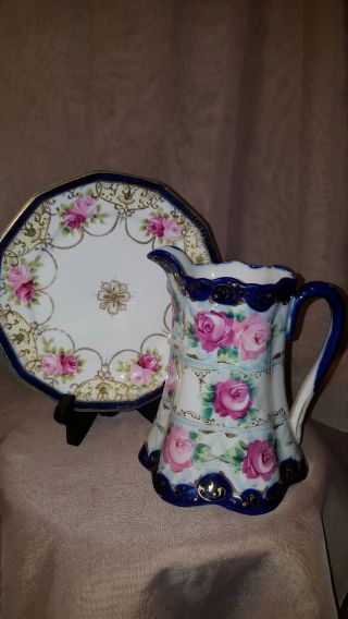Antique Nippon Cobalt Blue Gold Hand Painted Rose Flower Plate & Pitcher