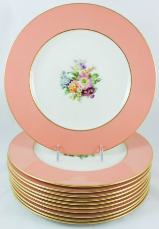Set 11 Coral Pink Luncheon Plates Lenox China Green Mark J344 Floral Cream Gold