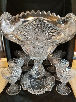 Antique Eapg Jefferson Or Ohio Flint Punch Bowl With Stand And 11 Cups - Rare