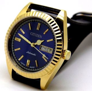 citizen automatic men gold plated day/date blue dial 21jewel vintage japan watch 2