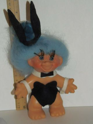 Vintage Troll Girl Blue Hair W/black Playboy Bunny Outfit