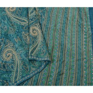 Sanskriti Vintage Green Saree Pure Crepe Silk Hand Embroidered Craft Fabric Sari