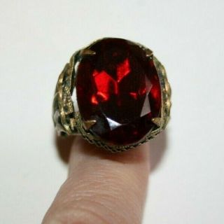 Antique Edwardian To Art Deco Huge Oval Cut Ruby Crystal Gilt Metal Ring