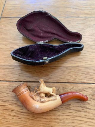 Antique Miniature Horse Pipe With Amber Stem In Leather Case - Meerschaum Style