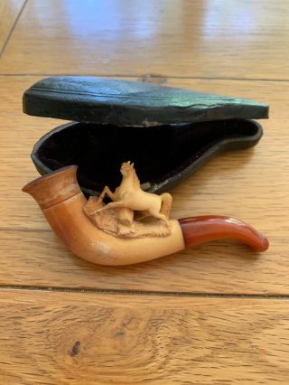 Antique Miniature Horse Pipe With Amber Stem in Leather Case - Meerschaum Style 2