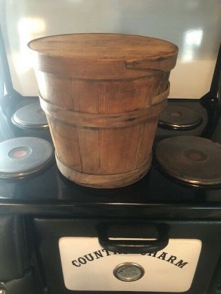 Early Antique Primitive Wood Firkin Sugar Bucket Finger Banded Shaker