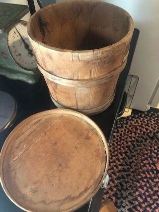 EARLY Antique Primitive Wood Firkin Sugar Bucket Finger Banded SHAKER 3