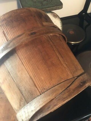 EARLY Antique Primitive Wood Firkin Sugar Bucket Finger Banded SHAKER 7