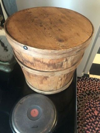EARLY Antique Primitive Wood Firkin Sugar Bucket Finger Banded SHAKER 8
