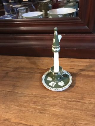 Rare Antique Green Dipped Wedgwood Jasperware Candle Holder And Top