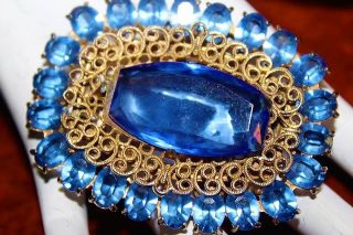 Antique Art Deco Blue Glass Geometric Gold Filigree Pat Pend Dress Clip Ms1