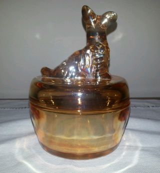 Antique Jeannette Glass Iridescent Marigold SCOTTIE DOG Powder Jar w/Lid 1920 ' s 2