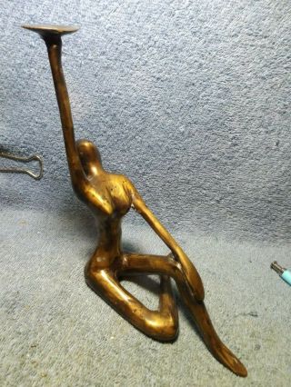 Antique Bronze Sculpture,  Nude Lady Sitting Uprigt Holding Disk In Hand,  7 " High