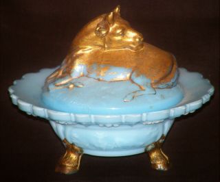 Antique Vallerysthal France Blue Milk Glass Cow Covered Butter Dish