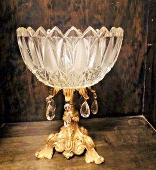 Hollywood Regency Lead Crystal Bowl Prisms Pedestal Compote 12 " 1/3h X 9 " W