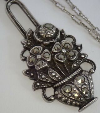 Antique Art Deco Sterling Silver Marcasite Flower Basket Necklace