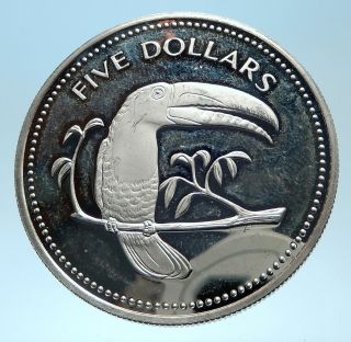 1975 Belize Avifauna Toucan Antique Antique Proof Silver $5 Coin I77494