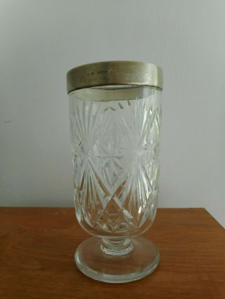 Vintage Cut Glass Footed Vase Hallmarked Silver Rim 7 " High