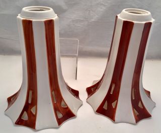 Antique Brown & White Striped Flared Porcelain Lamp Shades W/ 2 " Fitter