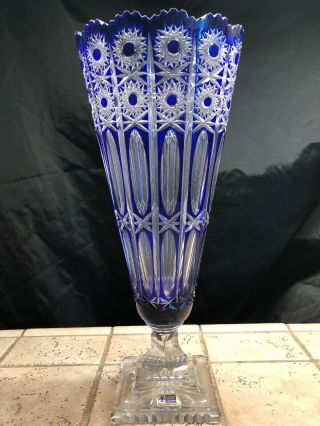 Huge 17” Tall Antique Lausitzer Cobalt Blue Lead Crystal Cut Clear Glass Vase