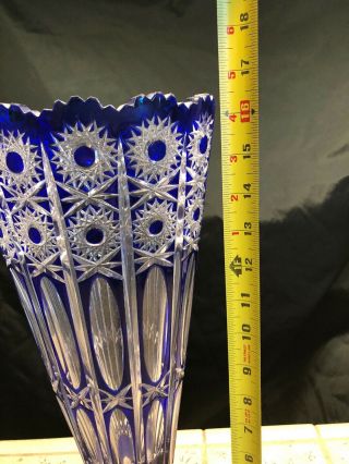 Huge 17” Tall Antique Lausitzer Cobalt Blue Lead Crystal Cut Clear Glass Vase 6