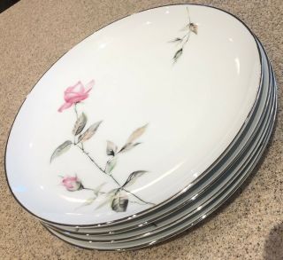 4 Dinner Plates Style House Dawn Rose Vintage Fine China Pink Rosebuds Platinum