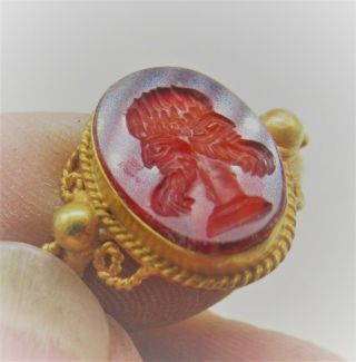 Scarce Ancient Roman High Carat Gold Ring With Carnelian Intaglio 2 Faced Man