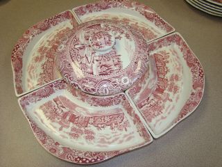 Antique Landscape W.  R.  Midwinter England Pink Covered Dish With 4 Side Dishes
