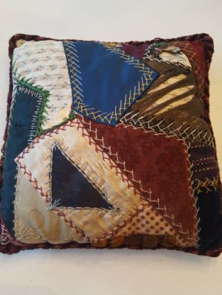 Antique Victorian Crazy Quilt Square Decorative Pillow Silk Back 12 - 1/2 " X12 - 1/2