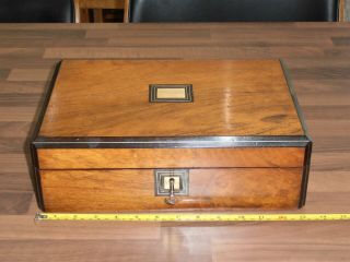 Antique Victorian Walnut Workbox With Tray,  Lock & Key