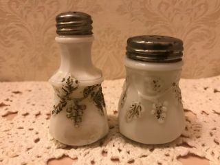 Antique Milk Glass Salt And Pepper Grape And Leaf Pattern Vguc