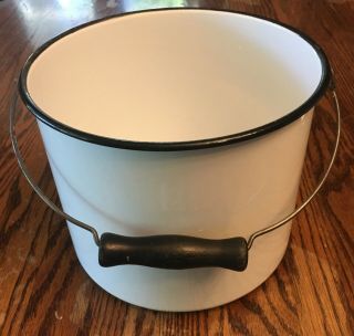 Antique Enamelware Bucket Pot White Black Trim Pail Wood Handle Vintage 9 Inch