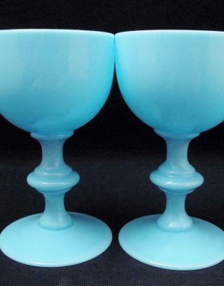 ANTIQUE PAIR VALLERYSTHAL PORTIEUX FRENCH BLUE OPALINE GLASSES GOBLETS FRANCE 1 2