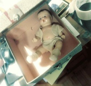 Vintage Composition Freundlich Nursing Doll,  Clothes And Case,  8 "