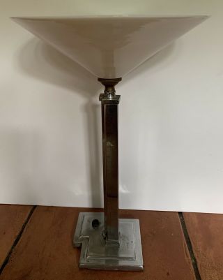 Art Deco Chrome Ziggurat Table Lamp With ‘coolie’ Milk Glass Shade