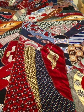 Antique 1930s Hand Quilted Crazy Quilt 82x68 " Made Of Silk Ties - Heavy Quilting