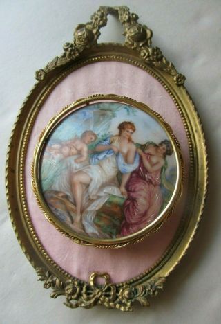Antique Hand Painted French Limoges Plaque Ormolu Frame Cherub Putti Nude